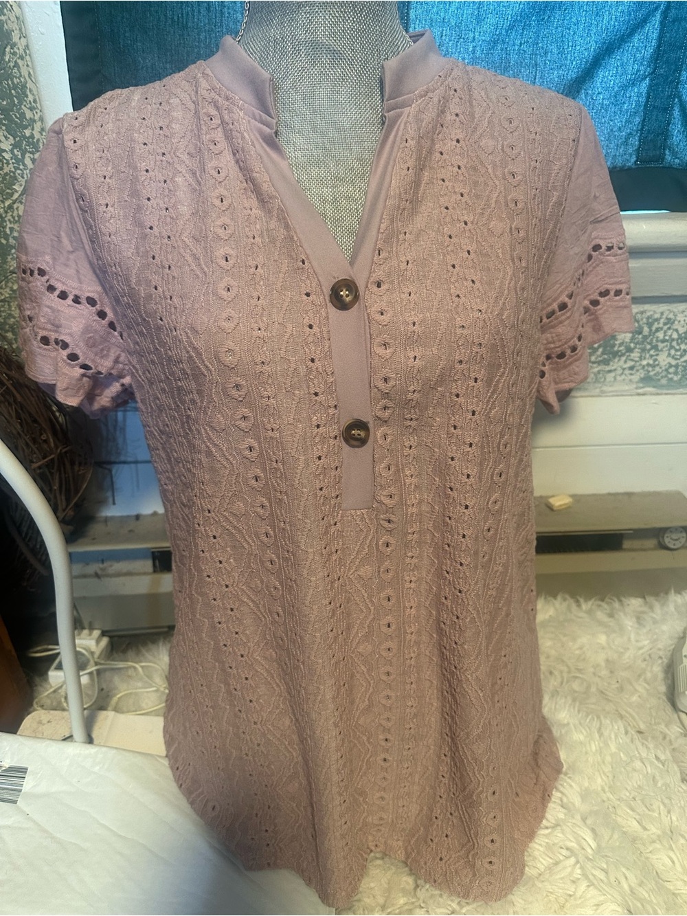 SHEIN Mauve Eyelet Knit Short Sleeve Henley Top